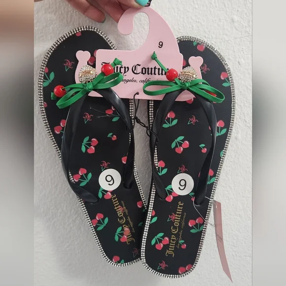 Juicy Couture Cherry Flip Flops with Rhinestone Trim  Size 9 (38/39) - Picture 4 of 14